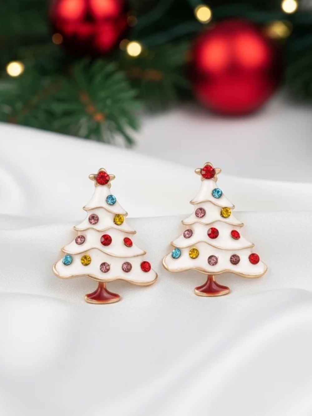 White Enamel Christmas Tree Stud Earrings with Multicolor Crystals